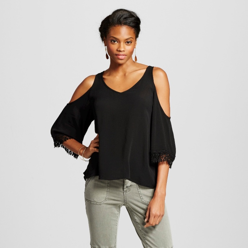Black Cold Shoulder Top with Lace Hem Sleeves